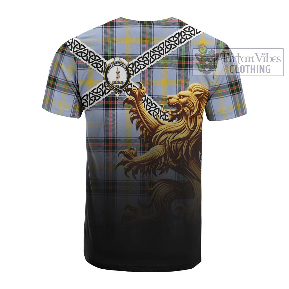 Tartan Vibes Clothing Bell Crest Tartan Cotton T-shirt with Golden Lion Emblem Celtic Style