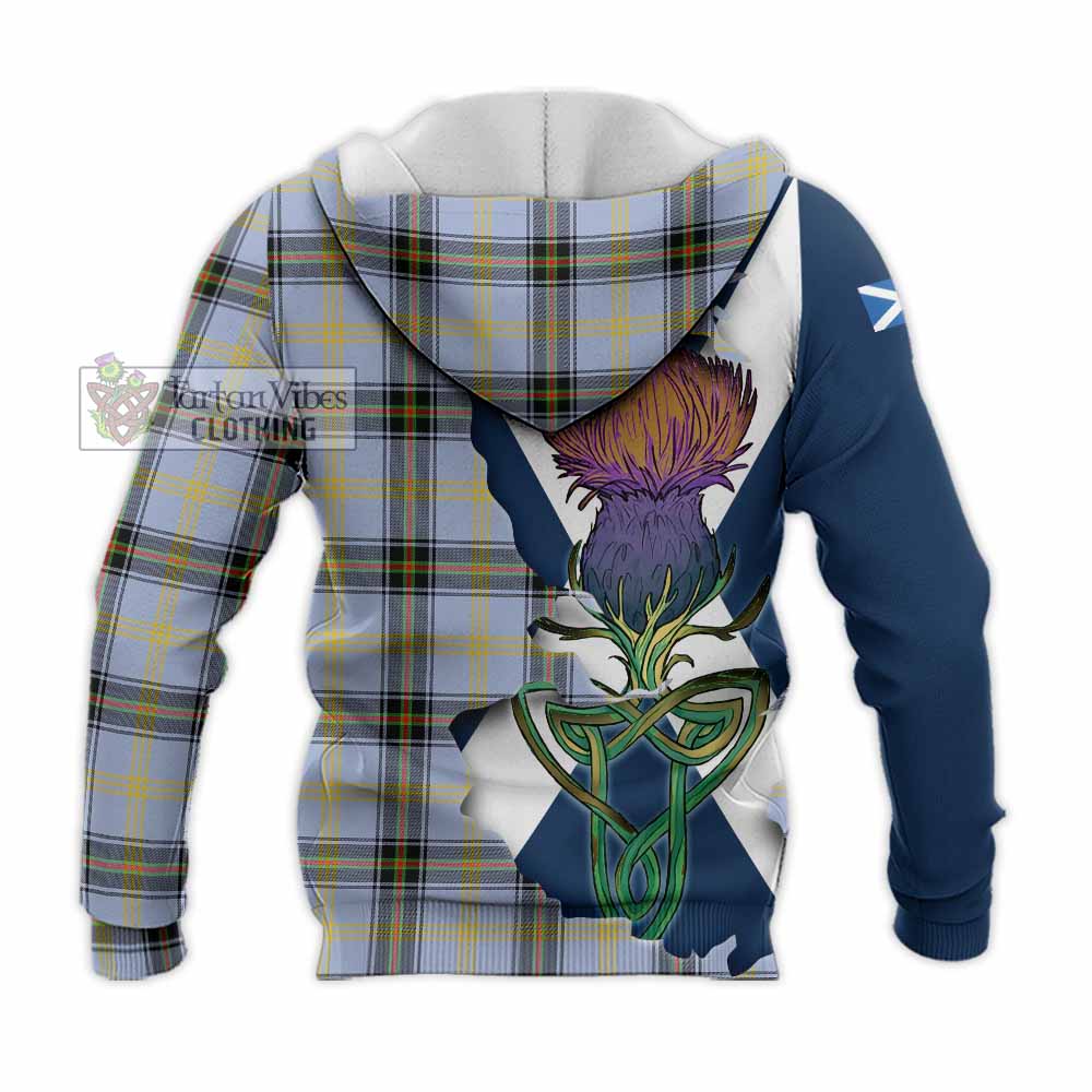 Tartan Vibes Clothing Bell Tartan Family Crest Knitted Hoodie Scottish Thistle Celtic Inspired