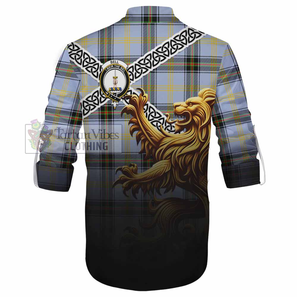 Tartan Vibes Clothing Bell Crest Tartan Ghillie Kilt Shirt with Golden Lion Emblem Celtic Style