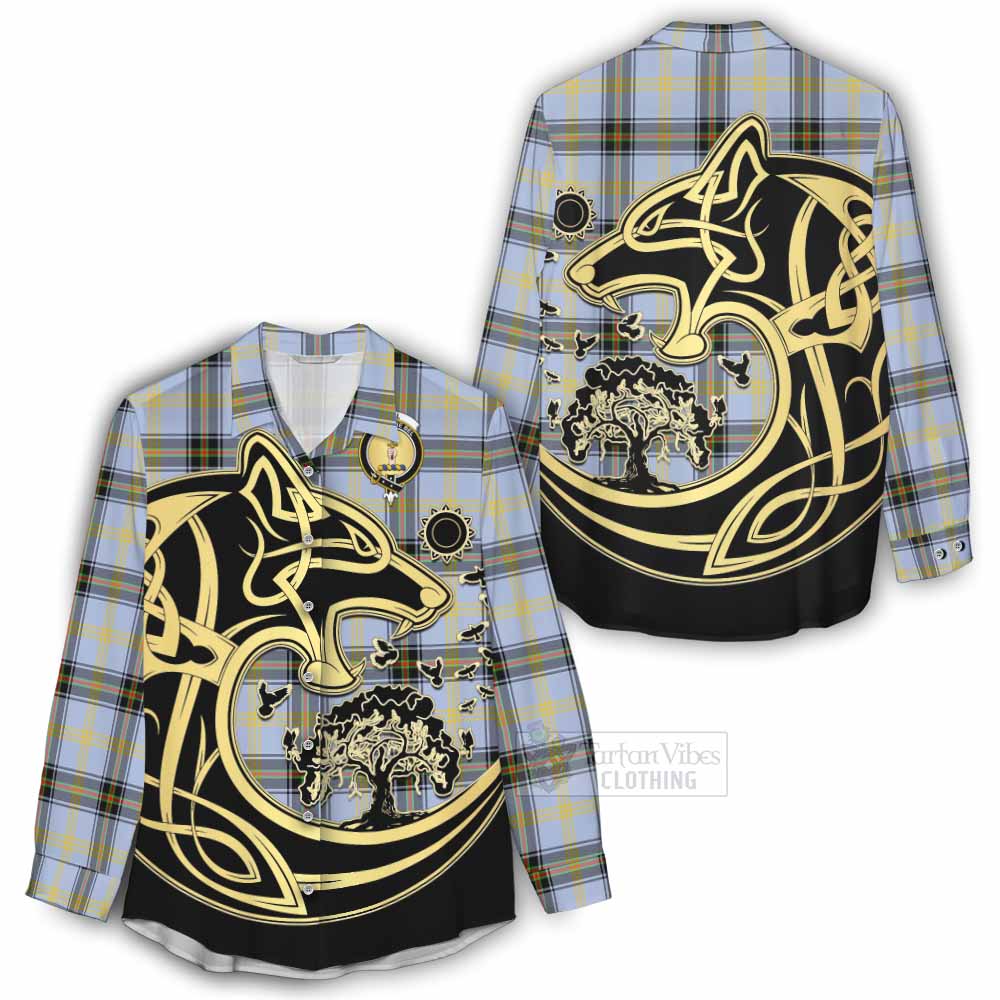 Tartan Vibes Clothing Bell Tartan Women's Casual Shirt with Family Crest Celtic Wolf Style