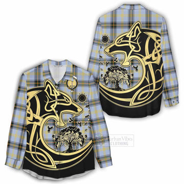 Tartan Vibes Clothing Bell Tartan Women's Casual Shirt with Family Crest Celtic Wolf Style