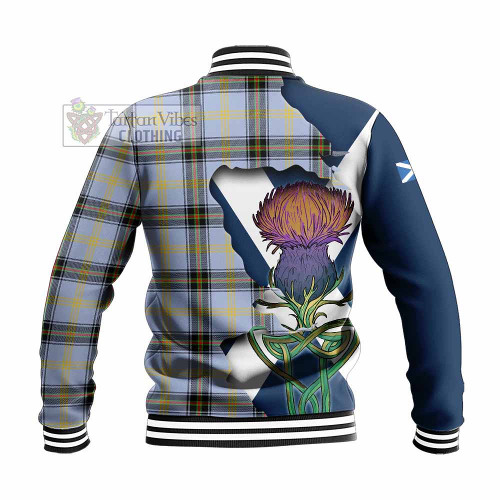 Tartan Vibes Clothing Bell Tartan Family Crest Baseball Jacket Scottish Thistle Celtic Inspired