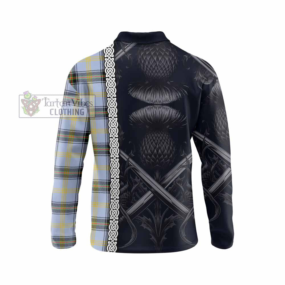 Tartan Vibes Clothing Bell Tartan Long Sleeve Polo Shirt with Family Crest Cross Sword Thistle Celtic Vibes