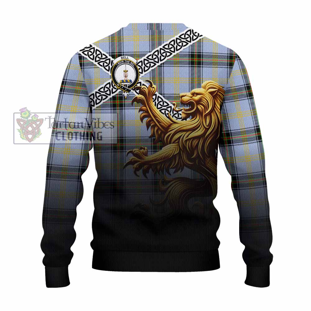 Tartan Vibes Clothing Bell Crest Tartan Knitted Sweater with Golden Lion Emblem Celtic Style