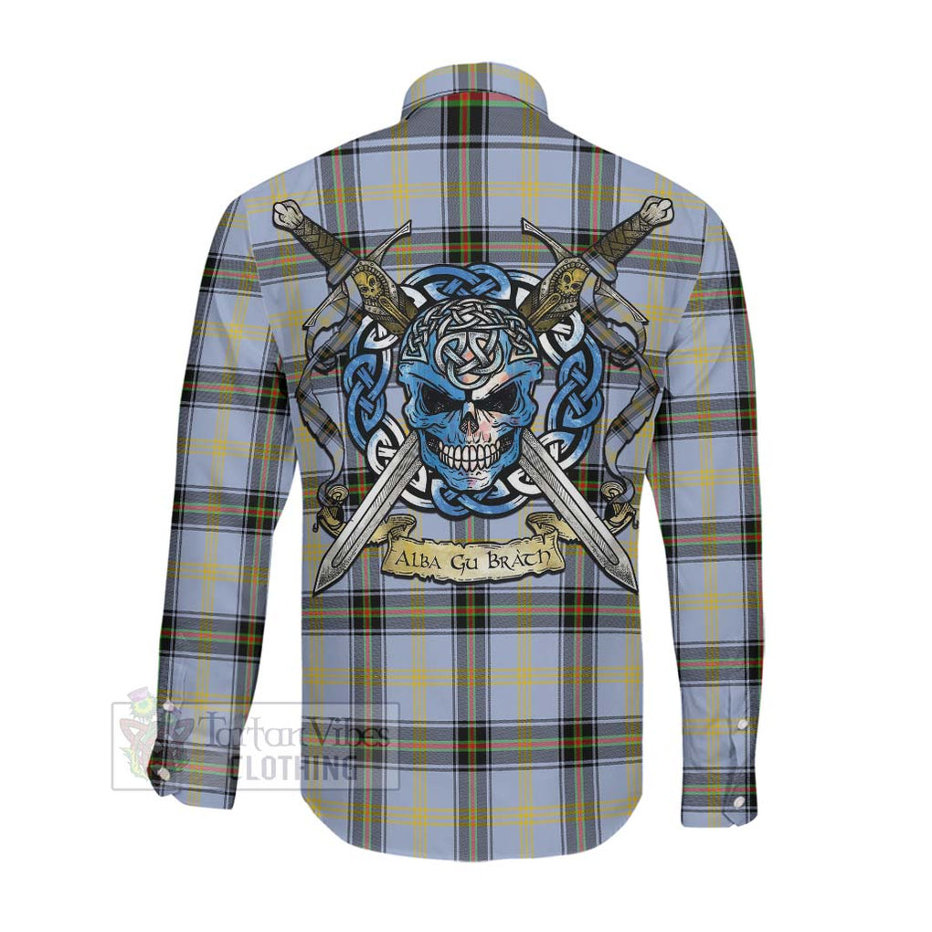 Tartan Vibes Clothing Bell Tartan Long Sleeve Button Shirt with Family Crest Celtic Skull Style