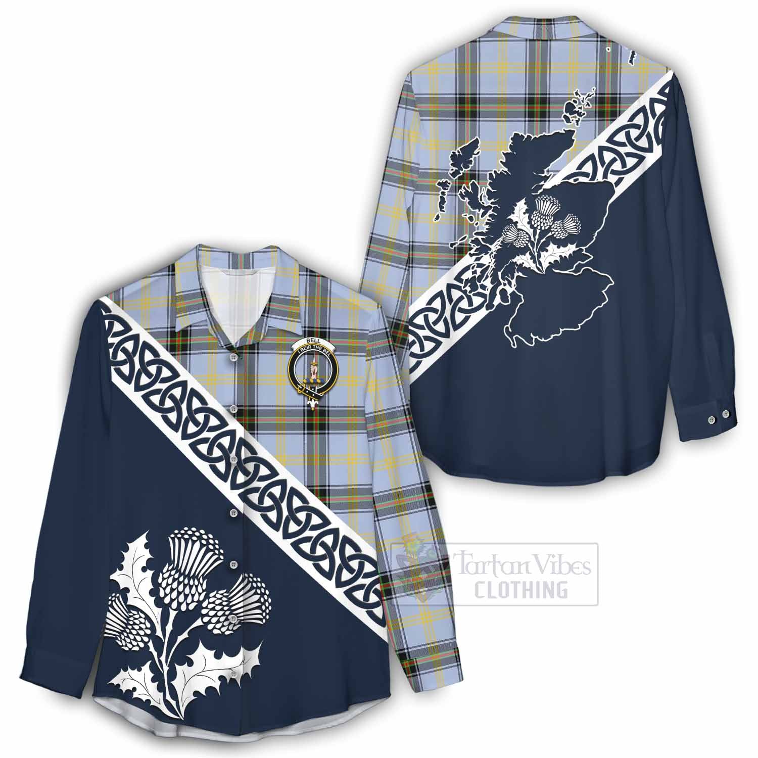 Tartan Vibes Clothing Bell Tartan Women's Casual Shirt Featuring Thistle and Scotland Map