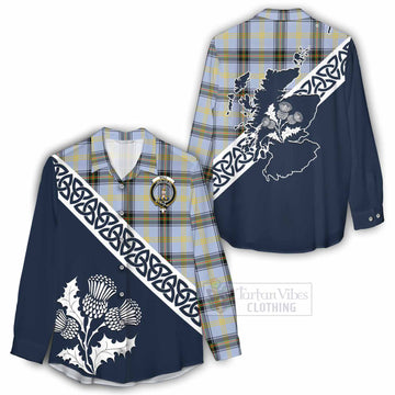 Tartan Vibes Clothing Bell Tartan Women's Casual Shirt Featuring Thistle and Scotland Map