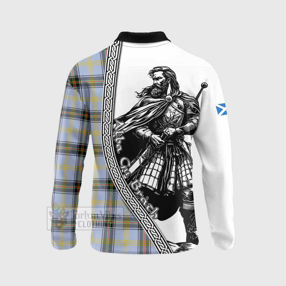 Bell Tartan Clan Crest Long Sleeve Polo Shirt with Highlander Warrior Celtic Style - Tartan Vibes Clothing