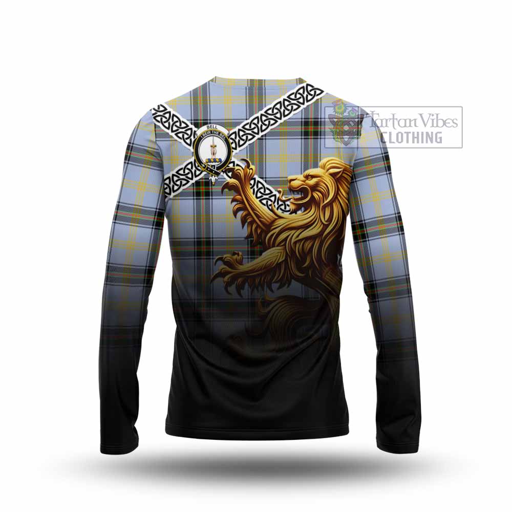 Tartan Vibes Clothing Bell Crest Tartan Long Sleeve T-Shirt with Golden Lion Emblem Celtic Style