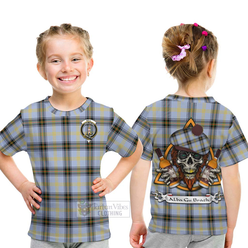 Tartan Vibes Clothing Bell Tartan Kid T-Shirt with Family Crest and Bearded Skull Holding Bottles of Whiskey