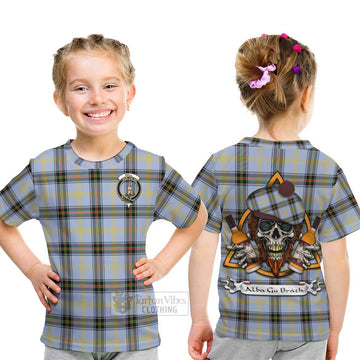 Tartan Vibes Clothing Bell Tartan Kid T-Shirt with Family Crest and Bearded Skull Holding Bottles of Whiskey