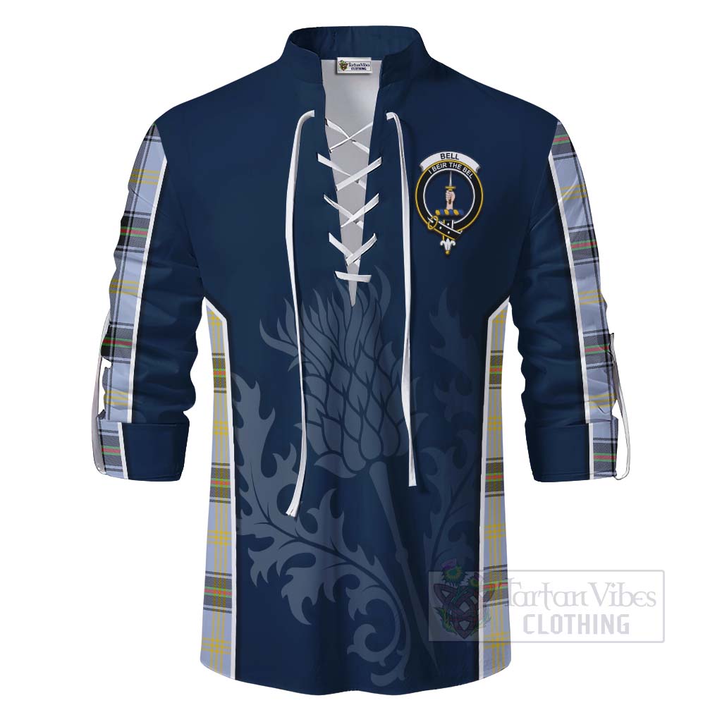 Tartan Vibes Clothing Bell Tartan Ghillie Kilt Shirt with Family Crest and Scottish Thistle Vibes Sport Style