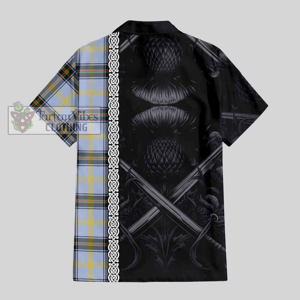 Tartan Vibes Clothing Bell Tartan Short Sleeve Button Shirt with Family Crest Cross Sword Thistle Celtic Vibes