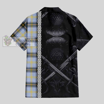 Tartan Vibes Clothing Bell Tartan Short Sleeve Button Shirt with Family Crest Cross Sword Thistle Celtic Vibes