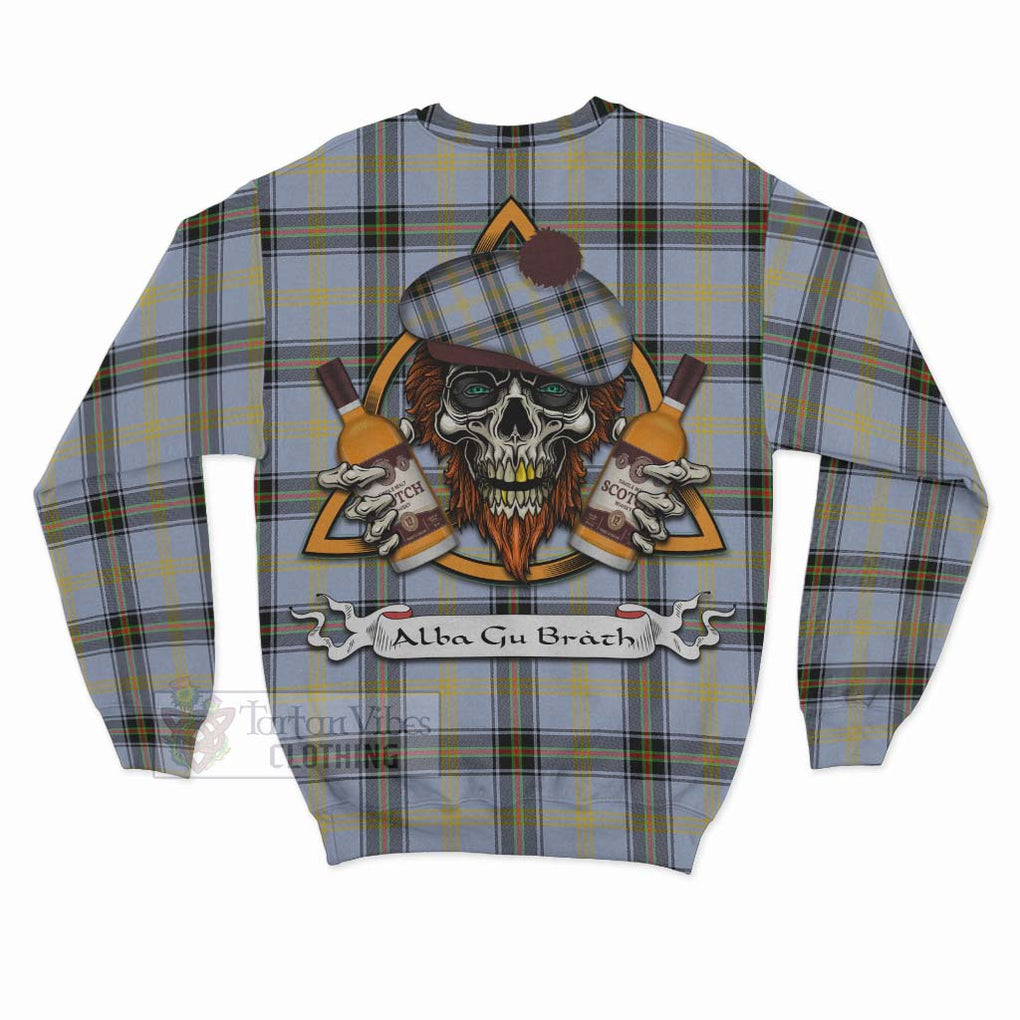 Tartan Vibes Clothing Bell Tartan Sweatshirt with Family Crest and Bearded Skull Holding Bottles of Whiskey