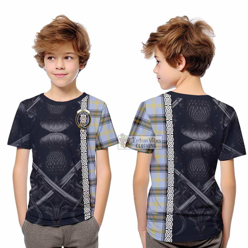 Tartan Vibes Clothing Bell Tartan Kid T-Shirt with Family Crest Cross Sword Thistle Celtic Vibes