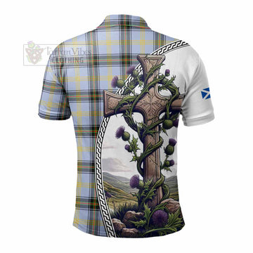 Bell Tartan Polo Shirt with Family Crest and St. Andrew's Cross Accented by Thistle Vines