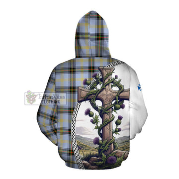 Bell Tartan Cotton Hoodie with Family Crest and St. Andrew's Cross Accented by Thistle Vines