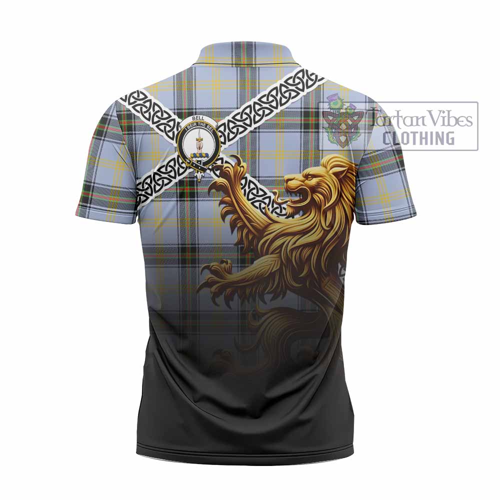 Tartan Vibes Clothing Bell Crest Tartan Zipper Polo Shirt with Golden Lion Emblem Celtic Style