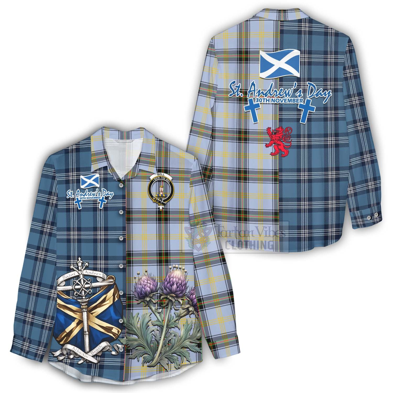 Tartan Vibes Clothing Bell Tartan Women's Casual Shirt Happy St. Andrew's Day Half Tartan Style