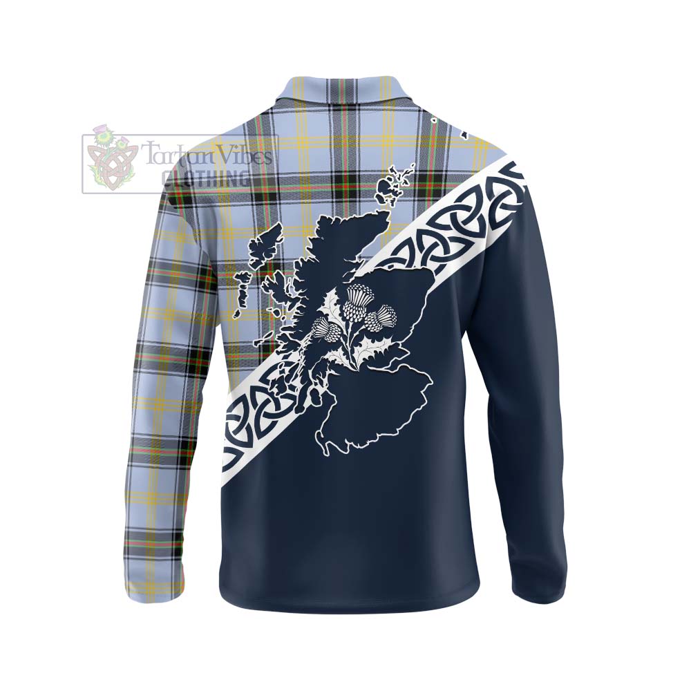 Bell Tartan Long Sleeve Polo Shirt Featuring Thistle and Scotland Map - Tartan Vibes Clothing