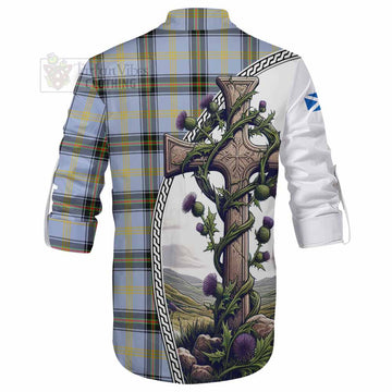 Tartan Vibes Clothing Bell Tartan Ghillie Kilt Shirt with Family Crest and St. Andrew's Cross Accented by Thistle Vines