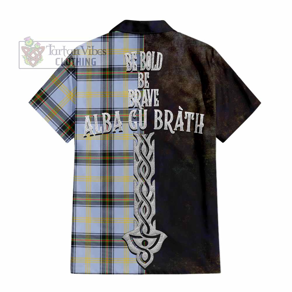 Tartan Vibes Clothing Bell Tartan Family Crest Short Sleeve Button Shirt Alba Gu Brath Be Brave Lion Ancient Style