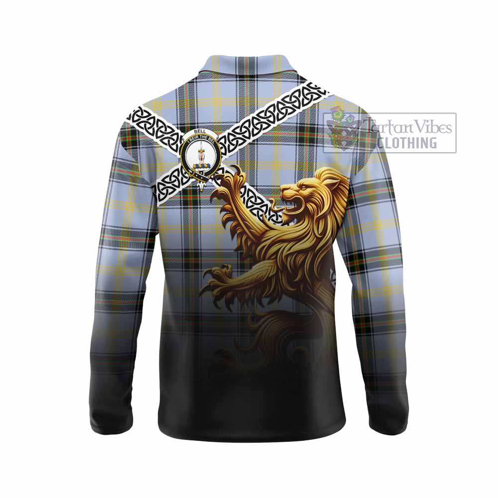 Tartan Vibes Clothing Bell Crest Tartan Long Sleeve Polo Shirt with Golden Lion Emblem Celtic Style