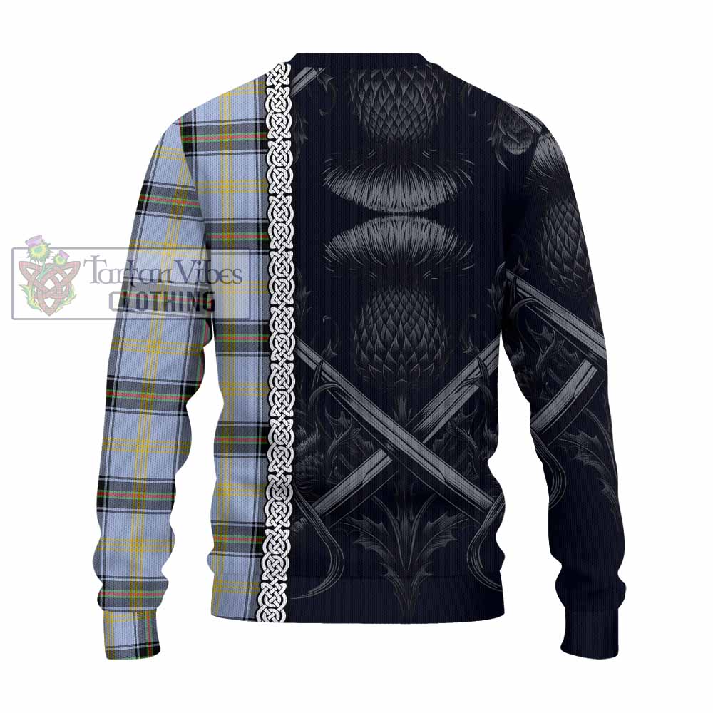 Tartan Vibes Clothing Bell Tartan Knitted Sweater with Family Crest Cross Sword Thistle Celtic Vibes