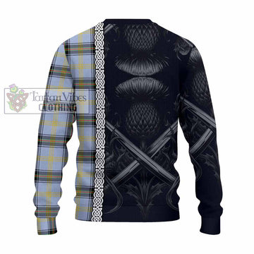 Tartan Vibes Clothing Bell Tartan Knitted Sweater with Family Crest Cross Sword Thistle Celtic Vibes