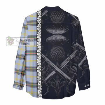 Tartan Vibes Clothing Bell Tartan Women's Casual Shirt with Family Crest Cross Sword Thistle Celtic Vibes