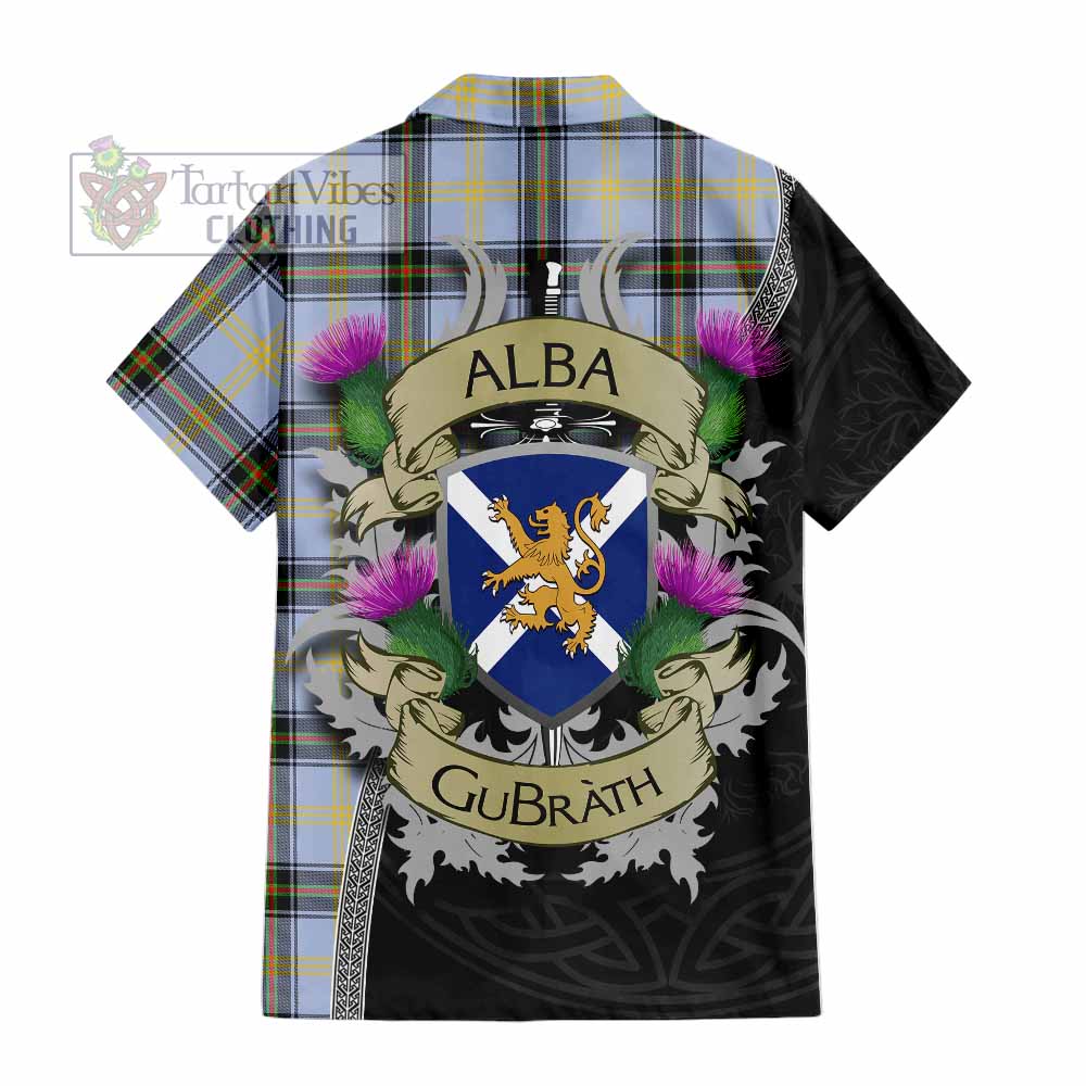 Tartan Vibes Clothing Bell Tartan Family Crest Short Sleeve Button Shirt Lion Rampant Royal Thistle Shield Celtic Inspired