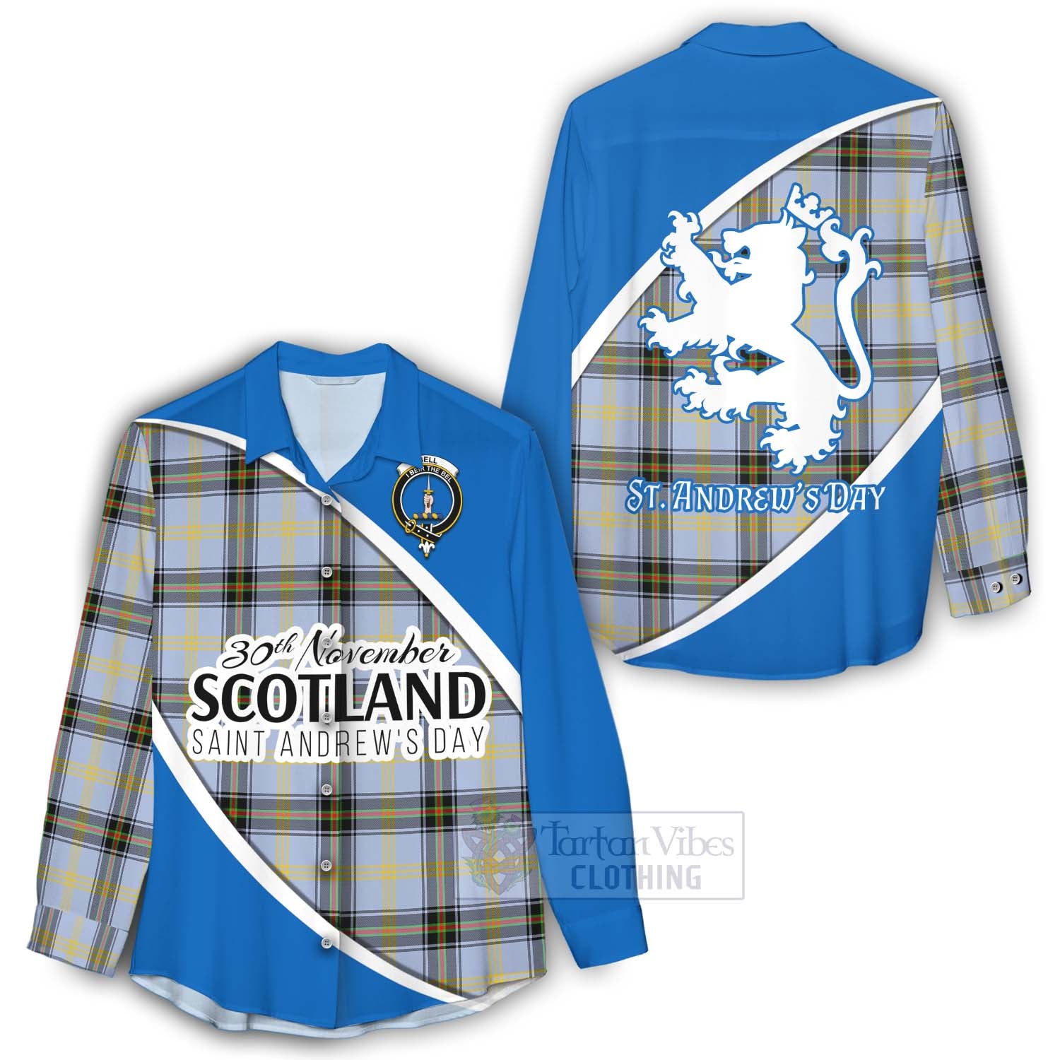 Tartan Vibes Clothing Bell Family Crest Tartan Women's Casual Shirt Celebrate Saint Andrew's Day in Style