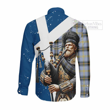 Tartan Vibes Clothing Bell Tartan Long Sleeve Button Shirt with Family Crest Scottish Bagpiper Vibes