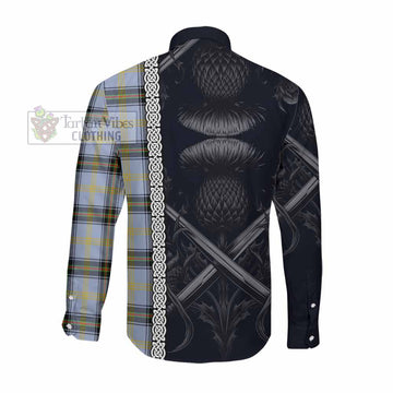 Tartan Vibes Clothing Bell Tartan Long Sleeve Button Shirt with Family Crest Cross Sword Thistle Celtic Vibes