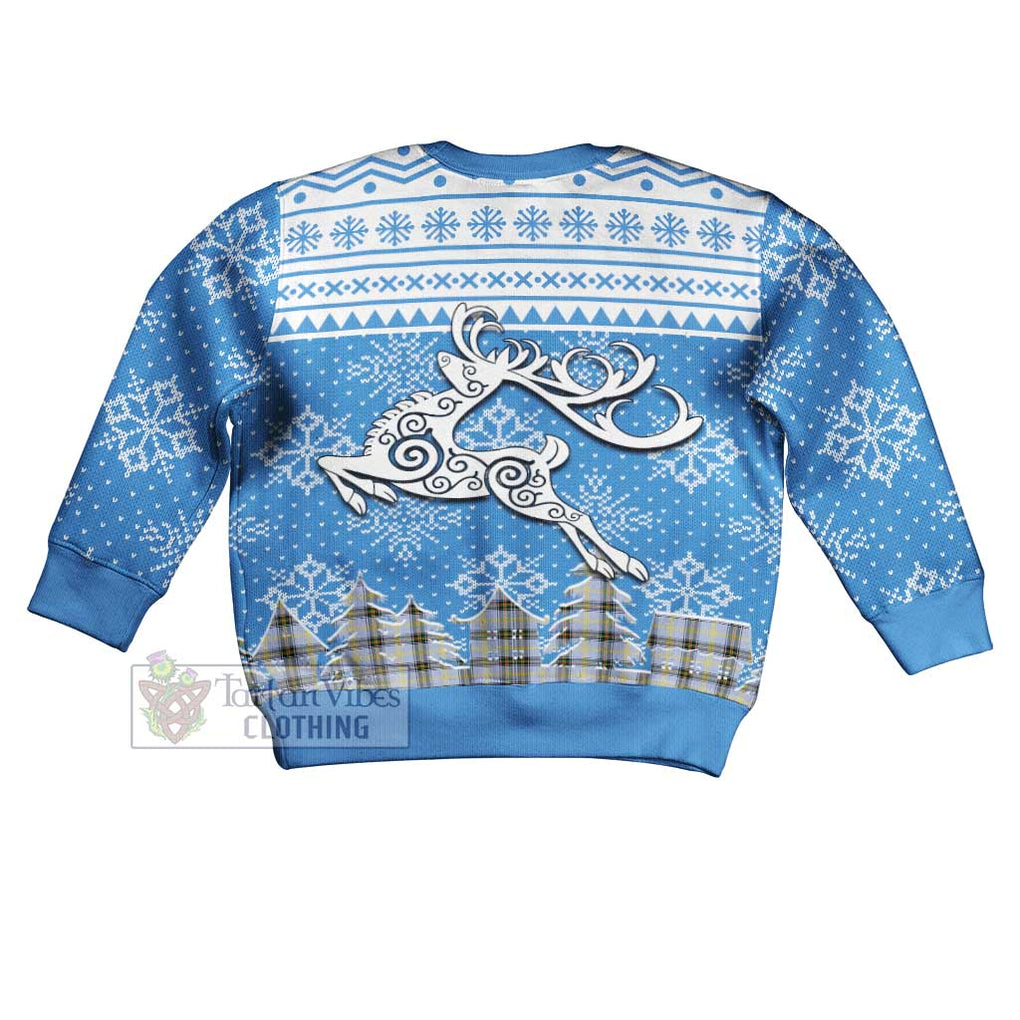 Tartan Vibes Clothing Bell Clan Christmas Kid Ugly Sweater with Tartan and Celtic Raindeer Style