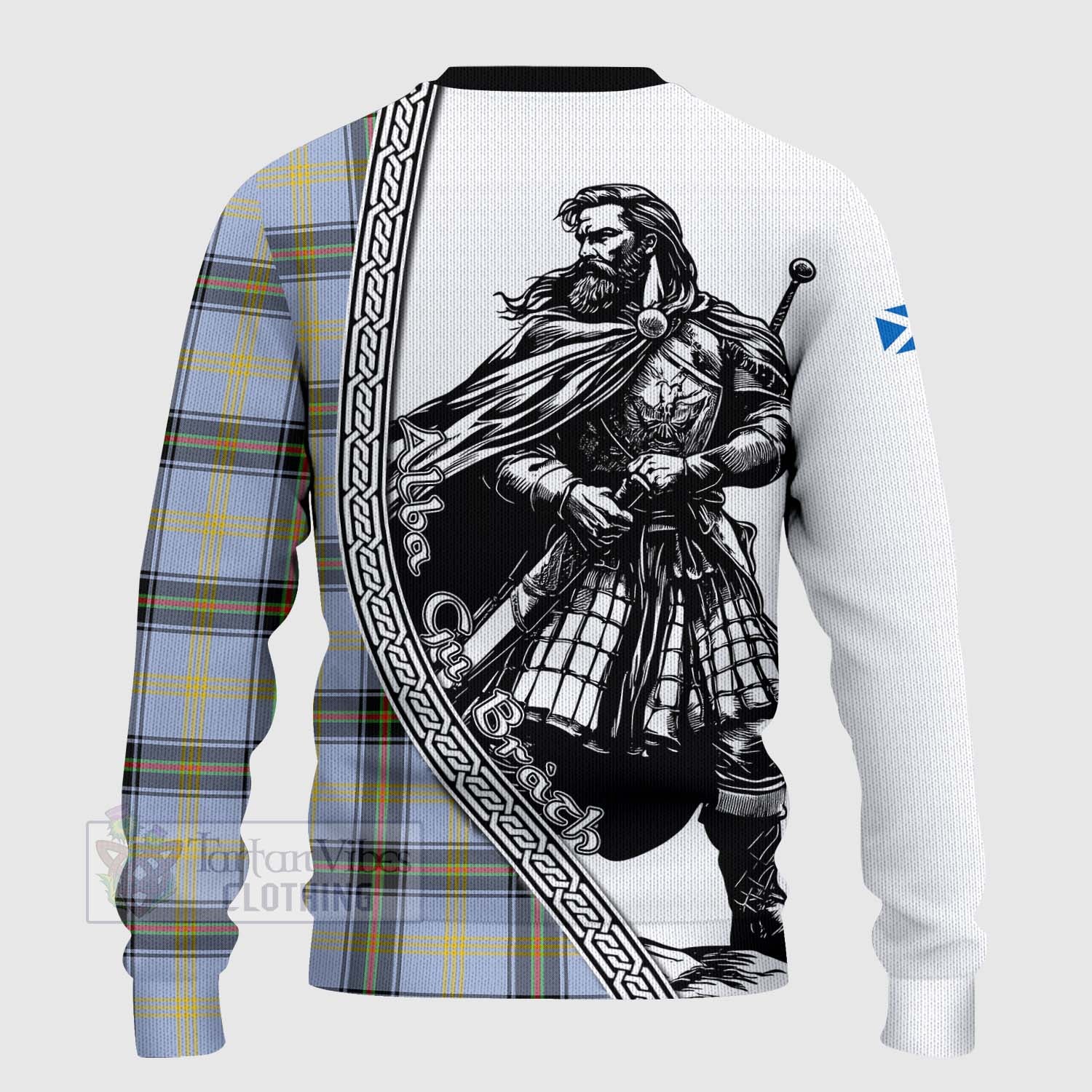 Tartan Vibes Clothing Bell Tartan Clan Crest Knitted Sweater with Highlander Warrior Celtic Style