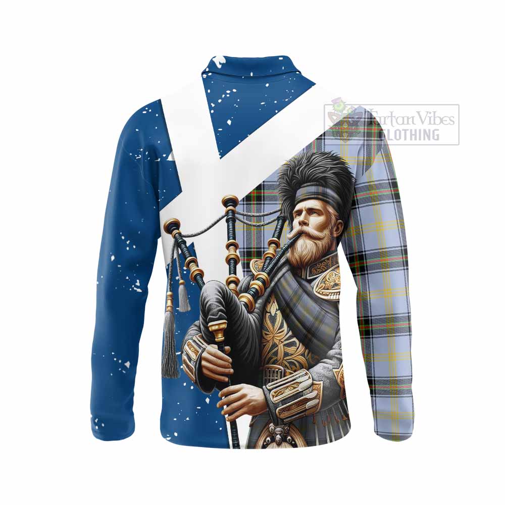 Tartan Vibes Clothing Bell Tartan Long Sleeve Polo Shirt with Family Crest Scottish Bagpiper Vibes