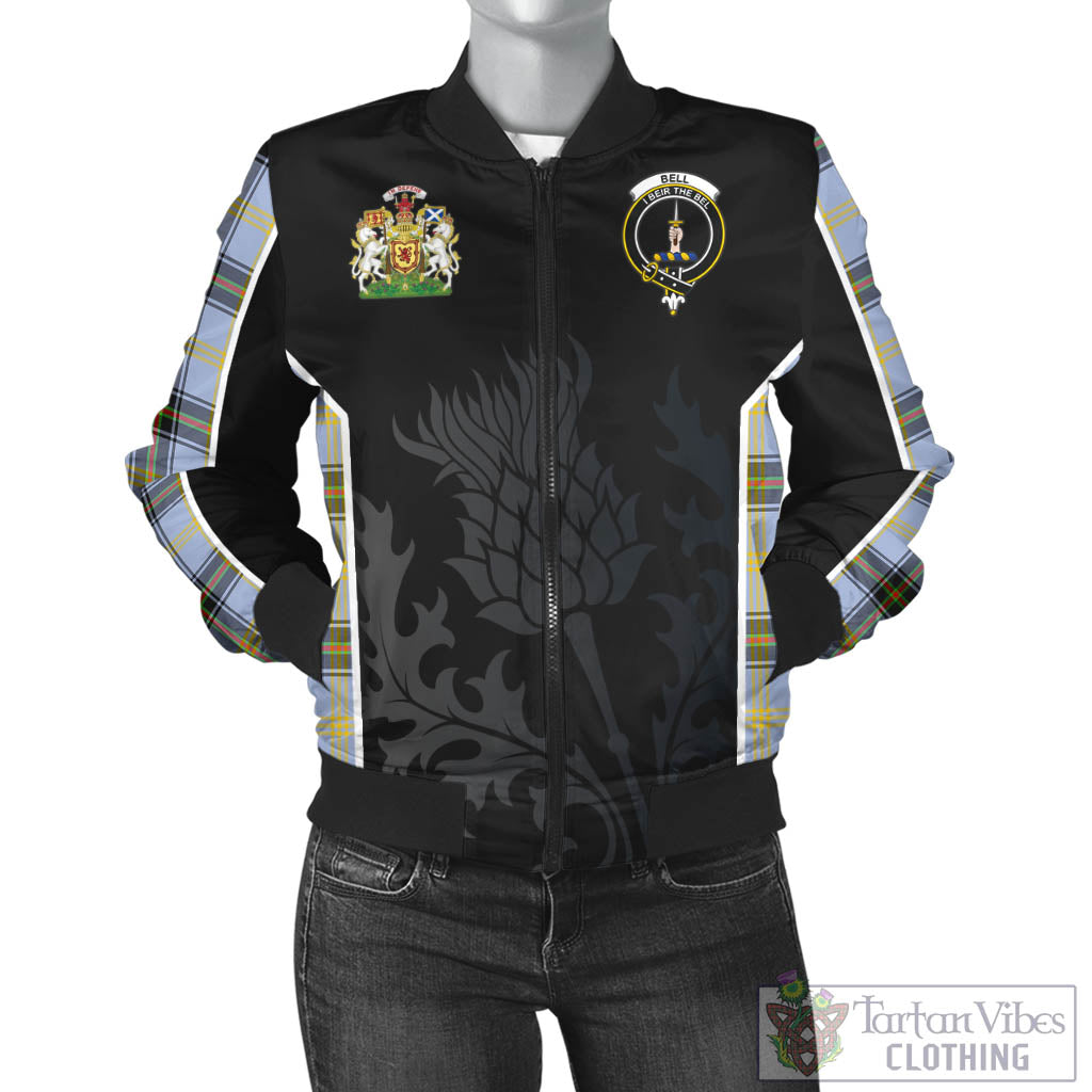 Tartan Vibes Clothing Bell Tartan Bomber Jacket with Family Crest and Scottish Thistle Vibes Sport Style