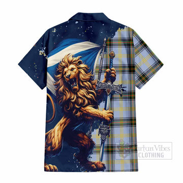 Tartan Vibes Clothing Bell Tartan Family Crest Short Sleeve Button Shirt with Scottish Majestic Lion