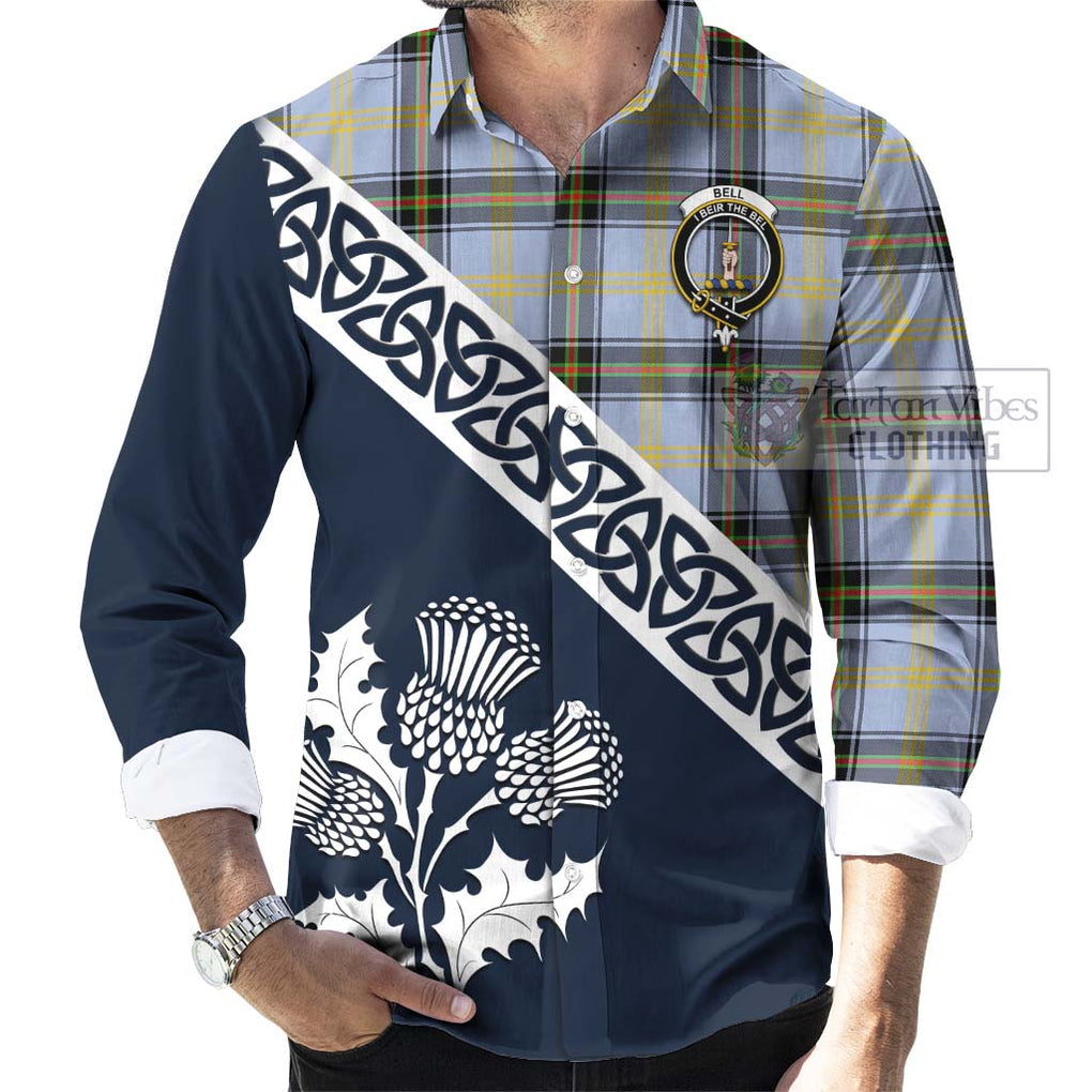 Tartan Vibes Clothing Bell Tartan Long Sleeve Button Shirt Featuring Thistle and Scotland Map