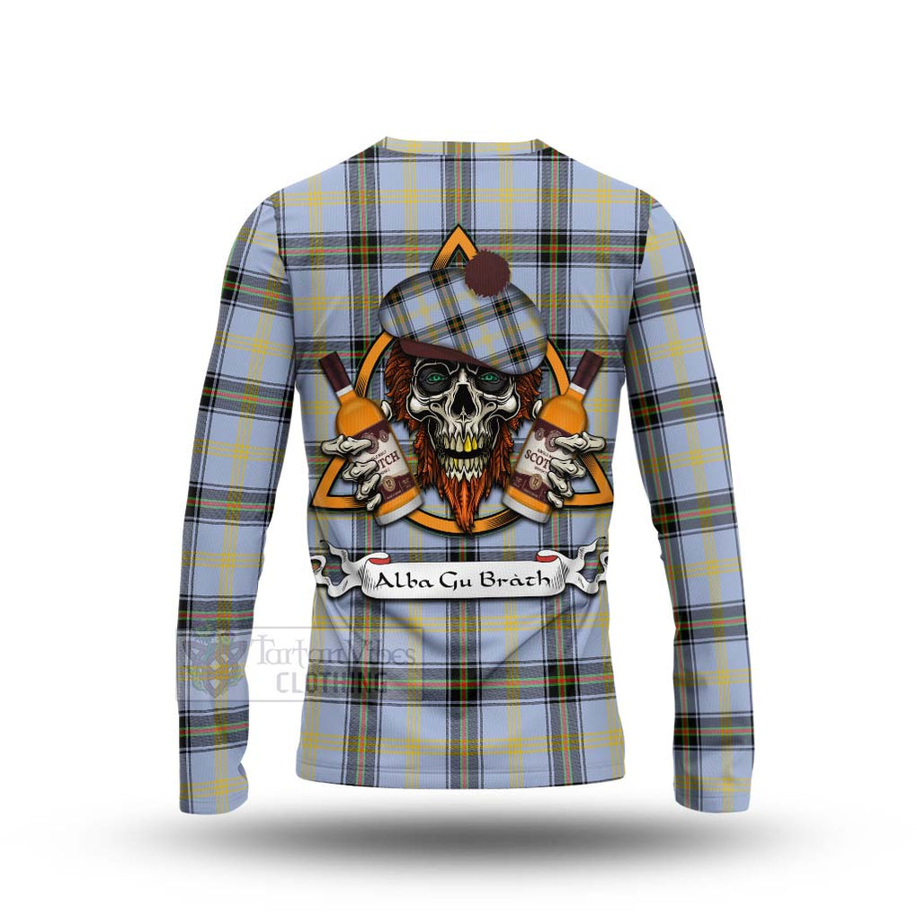 Tartan Vibes Clothing Bell Tartan Long Sleeve T-Shirt with Family Crest and Bearded Skull Holding Bottles of Whiskey