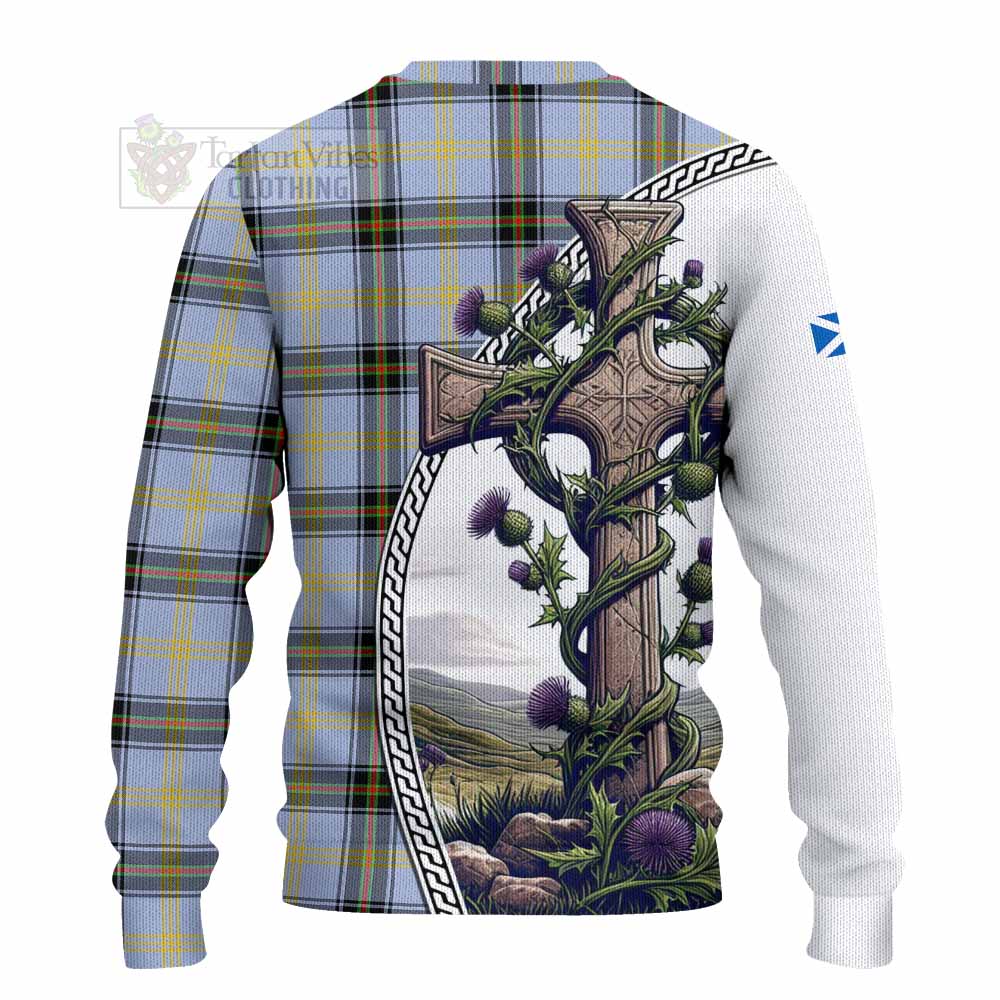 Tartan Vibes Clothing Bell Tartan Knitted Sweater with Family Crest and St. Andrew's Cross Accented by Thistle Vines