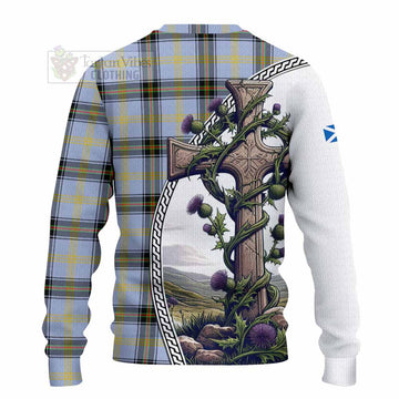 Tartan Vibes Clothing Bell Tartan Knitted Sweater with Family Crest and St. Andrew's Cross Accented by Thistle Vines