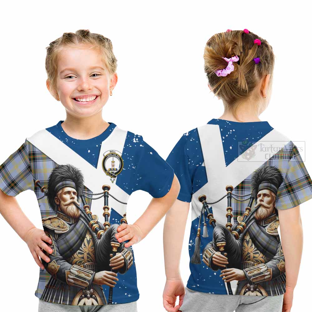 Tartan Vibes Clothing Bell Tartan Kid T-Shirt with Family Crest Scottish Bagpiper Vibes