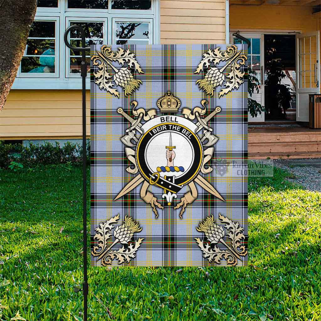 Tartan Vibes Clothing Bell Tartan Flag with Family Crest and Golden Thistle Crossed Sword Design