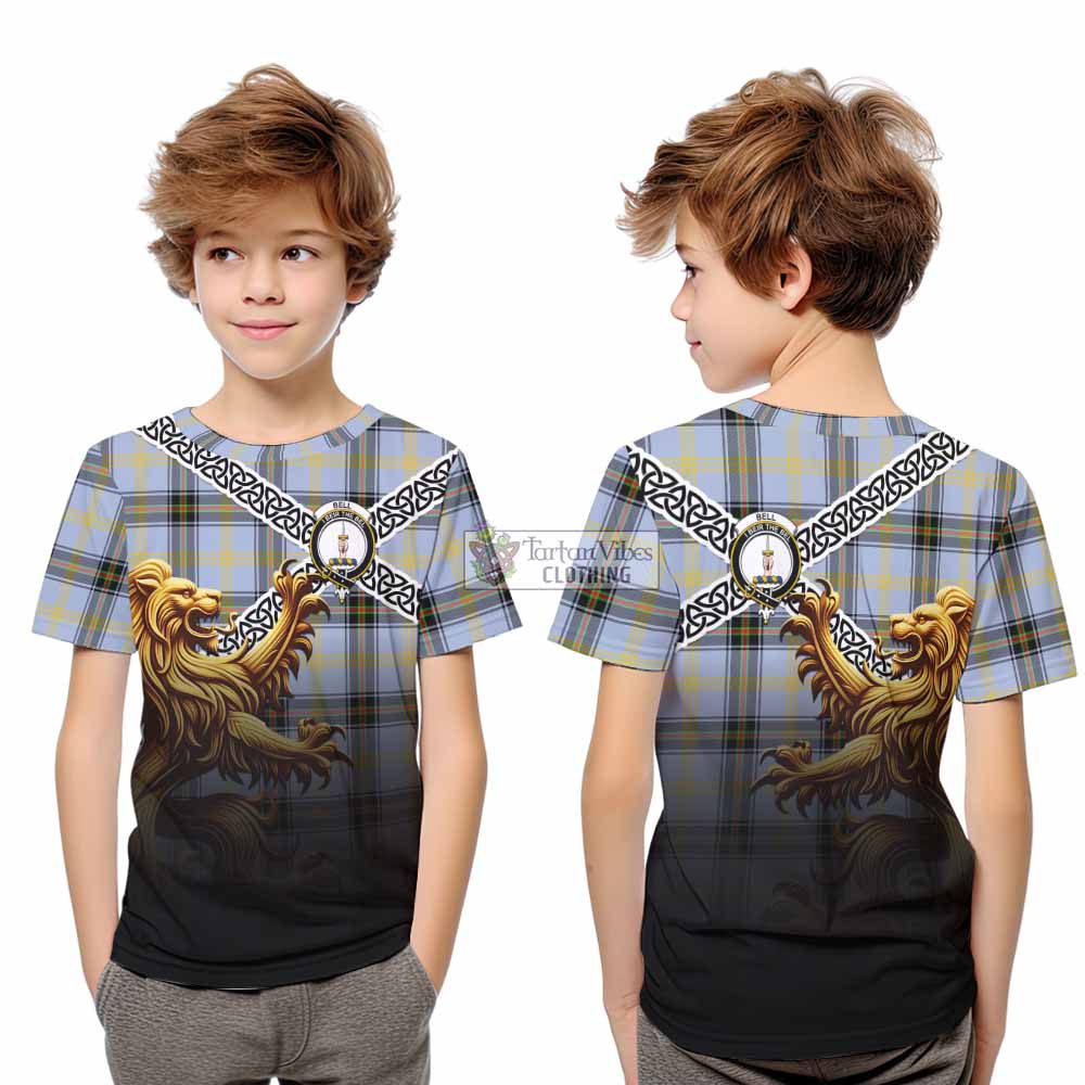 Tartan Vibes Clothing Bell Crest Tartan Kid T-Shirt with Golden Lion Emblem Celtic Style