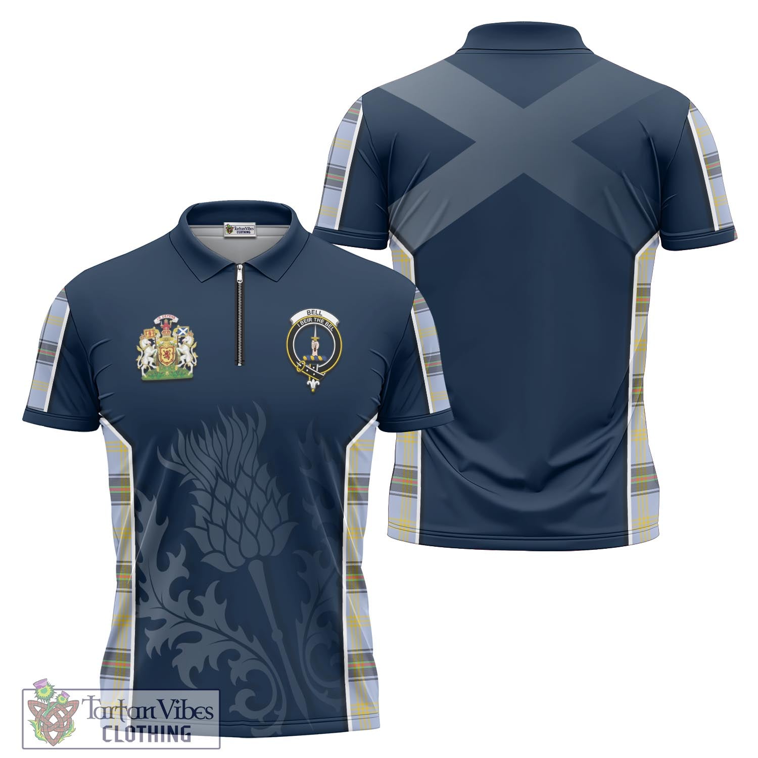 Tartan Vibes Clothing Bell Tartan Zipper Polo Shirt with Family Crest and Scottish Thistle Vibes Sport Style