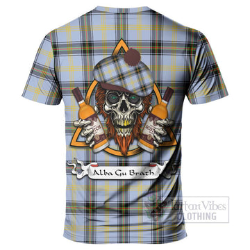 Bell Tartan T-Shirt with Family Crest and Bearded Skull Holding Bottles of Whiskey