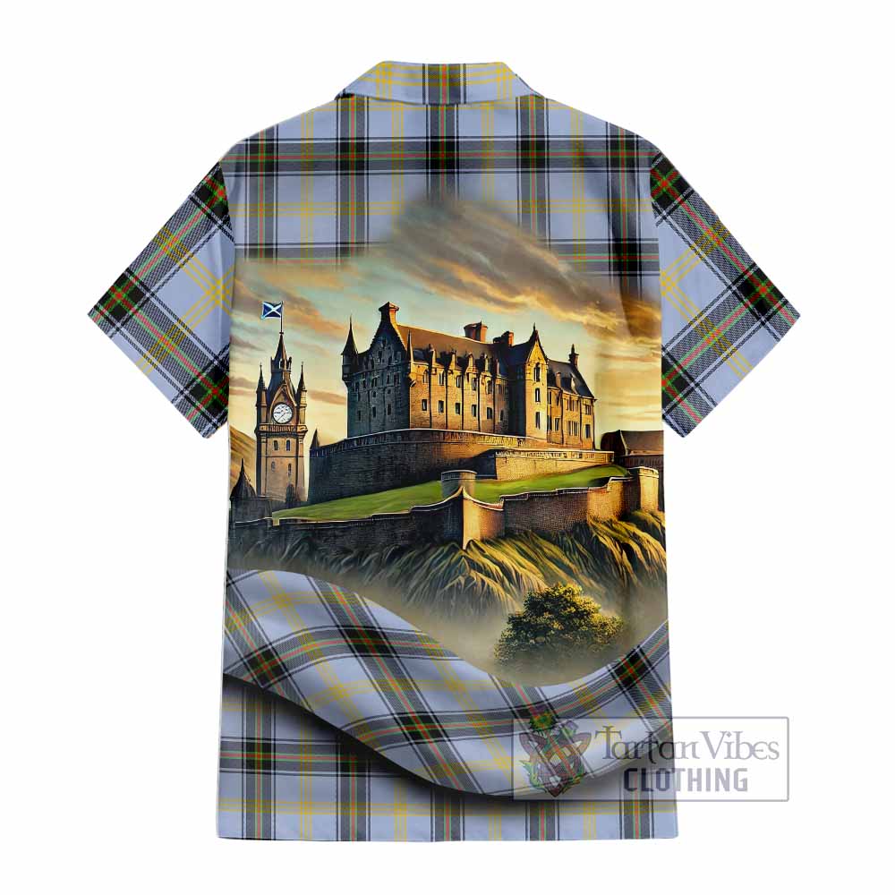 Tartan Vibes Clothing Bell Tartan Family Crest Short Sleeve Button Shirt with Scottish Ancient Castle Style